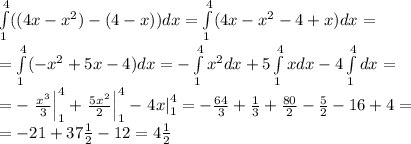 \int\limits_1^4((4x-x^2)-(4-x))dx=\int\limits_1^4(4x-x^2-4+x)dx=\\=\int\limits_1^4(-x^2+5x-4)dx=-\int\limits_1^4x^2dx+5\int\limits_1^4xdx-4\int\limits_1^4dx=\\=-\left.\frac{x^3}3\right|\limits_1^4+\left.\frac{5x^2}2\right|\limits_1^4-\left.4x\right|\limits_1^4=-\frac{64}3+\frac13+\frac{80}2-\frac52-16+4=\\=-21+37\frac12-12=4\frac12