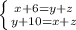 \left \{ {{x+6=y+z} \atop {y+10=x+z}} \right