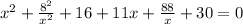 x^2+\frac{8^2}{x^2}+16+11x+\frac{88}{x}+30=0