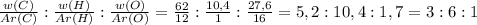 \frac{w(C)}{Ar(C)}:\frac{w(H)}{Ar(H)}:\frac{w(O)}{Ar(O)}=\frac{62}{12}:\frac{10,4}{1}:\frac{27,6}{16}=5,2:10,4:1,7=3:6:1