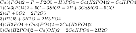 Ca3(PO4)2-P-P2O5-H3PO4-Ca(H2PO4)2-CaHPO4 \\
1) Ca3(PO4)2+5C+3SiO2=2P+3CaSiO3+5CO \\ 2)4P+5O2=2P2O5 \\ 3)P2O5+3H2O=2H3PO4 \\ 4) 4H3PO4+Ca3(PO4)2=3Ca(H2PO4)2 \\ 5) 
Ca(H2PO4)2+Ca(OH)2=2CaHPO4+2H2O
