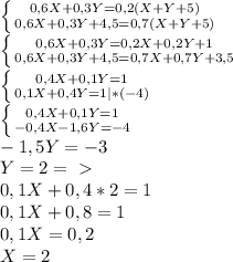  \left \{ {{ 0,6X + 0,3Y = 0,2(X+Y+5)} \atop {0,6X+0,3Y+4,5=0,7(X+Y+5)}} \right. \\ 
 \left \{ {{ 0,6X + 0,3Y = 0,2X+0,2Y+1} \atop {0,6X+0,3Y+4,5=0,7X+0,7Y+3,5}} \right. \\
 \left \{ {{ 0,4X + 0,1Y = 1} \atop {0,1X+0,4Y=1 |*(-4)}} \right. \\
 \left \{ {{ 0,4X + 0,1Y = 1} \atop {-0,4X-1,6Y=-4}} \right. \\
-1,5Y = -3 \\ 
Y = 2 =\ \textgreater \ \\ 0,1X+0,4*2=1 \\
0,1X+0,8=1 \\ 
0,1X=0,2 \\
 X=2 \\ 

