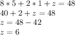 8*5+2*1+z=48\\
40+2+z=48\\
z=48-42\\
z=6