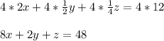 4*2x+4* \frac{1}{2}y+4* \frac{1}{4}z=4*12\\\\
8x+2y+z=48\\ 