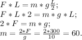 F*L=m*g\frac{L}{2};\\
F*L*2=m*g*L;\\
2*F=m*g;\\
m=\frac{2*F}{g}=\frac{2*300}{10}=60.