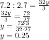 7.2:2.7= \frac{32y}{3} 
\\\
 \frac{32y}{3} = \frac{72}{27} 
\\\
y= \frac{72\cdot3}{32\cdot27} 
\\\
y=0.25