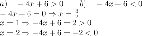 a)\quad -4x+60\quad\quad b)\quad -4x+6<0\\ -4x+6=0\Rightarrow x=\frac32\\ x=1\Rightarrow -4x+6=20\\ x=2\Rightarrow -4x+6=-2<0\\