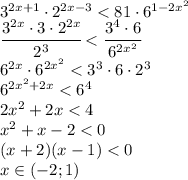 3^{2x+1}\cdot2^{2x-3}<81\cdot6^{1-2x^2}
\\\
 \cfrac{3^{2x}\cdot3\cdot2^{2x}}{2^3} < \cfrac{3^4\cdot6}{6^{2x^2}} 
\\\
6^{2x}\cdot6^{2x^2}<3^3\cdot6\cdot2^3
\\\
6^{2x^2+2x}<6^4
\\\
2x^2+2x<4
\\\
x^2+x-2<0
\\\
(x+2)(x-1)<0
\\\
x\in(-2;1)