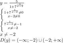 y= \frac{5}{1+7^{ \frac{1}{x-2} }} 
\\\
 \left \{ {{1+7^{ \frac{1}{x-2} } \neq 0} \atop {x-2 \neq 0}} \right. 
\\\
 \left \{ {{7^{ \frac{1}{x-2} } \neq -1} \atop {x \neq -2}} \right. 
\\\
x \neq -2
\\\
D(y)=(-\infty;-2)\cup(-2;+\infty)