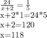 \frac{24}{x+2} = \frac{1}{5}

x+2*1=24*5

x+2=120

x=118
