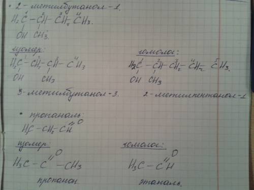 Составить структурные формулы изомера и гомолога этих вещ-в : 2 - метилбутанол-1 , пропаналь , пропа