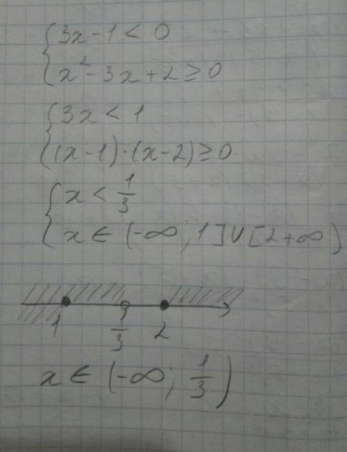 Решите систему неравенств 3х-1＜0,х²-3х＋2≥0