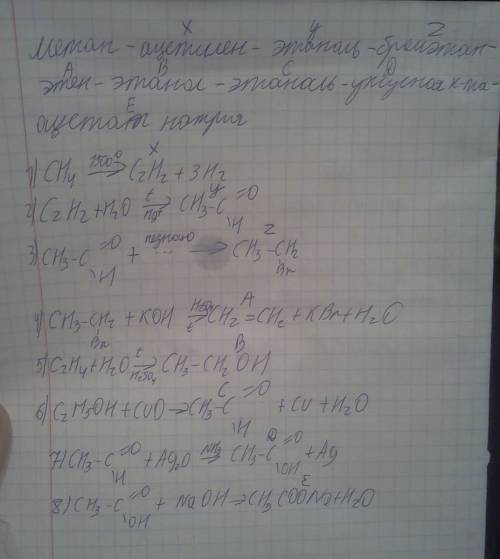 Написать цепочку превращений: метан-ацетилен-этаналь-бромэтан-этен-этанол-этаналь-уксусная кислота-а