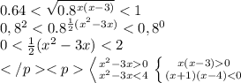 0.64<\sqrt{0.8^{x(x-3)}}<1\\ 0,8^2<0.8^{\frac{1}{2}(x^2-3x)}<0,8^0\\ 0<\frac{1}{2}(x^2-3x)<2\\</p
<p\left \0<x^2-3x0} \atop {x^2-3x<4}}\\ \right \left \{ {{x(x-3)0} \atop {(x+1)(x-4)<0}} \right