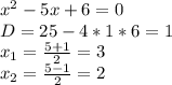 x^2-5x+6=0\\
D=25-4*1*6=1\\
x_1= \frac{5+1}{2}=3\\
 x_2= \frac{5-1}{2}=2\\