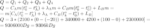 Q=Q_1+Q_2+Q_3+Q_4\\
Q=C_\Lambda m(t_0^o-t_\Lambda^o)+\lambda_\Lambda m+C_Bm(t_k^o-t_0^o)+L_Bm=\\=m[C_\Lambda(t_0^o-t_\Lambda^o)+\lambda_\Lambda+C_B(t_k^o-t_0^o)+L_B]\\
Q=3*(2100*(0-(-20))+340000+4200*(100-0)+2300000]=\\=9306000Dg=9306kDg