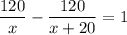 \displaystyle \frac{120}{x}- \frac{120}{x+20}=1

