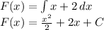 F(x)=\int x+2\, dx\\
F(x)=\frac{x^2}{2}+2x+C