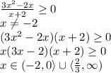 \frac{3x^2-2x}{x+2}\geq0\\
x\not=-2\\
(3x^2-2x)(x+2)\geq0\\
x(3x-2)(x+2)\geq0\\
x\in (-2,0\rangle\cup\langle\frac{2}{3},\infty)\\