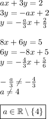 ax+3y=2\\
3y=-ax+2\\
y=-\frac{a}{3}x+\frac{2}{3}\\\\
8x+6y=5\\
6y=-8x+5\\
y=-\frac{4}{3}x+\frac{5}{6}\\\\
-\frac{a}{3}\not=-\frac{4}{3}\\
a\not=4\\\\
\boxed{a\in\mathbb{R}\setminus\{4\}}