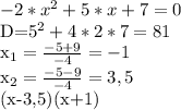 -2*x^{2} + 5*x +7 =0

D=5^{2}+4*2*7= 81

x_{1} = \frac{-5+9}{-4} = -1

x_{2} = \frac{-5-9}{-4} = 3,5

(x-3,5)(x+1)
