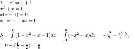 1-x^2=x+1\\ x^2+x=0\\ x(x+1)=0\\ x_1=-1,\ x_2=0\\\\
S=\int\limits_{-1}^{0}(1-x^2-x-1)}dx=\int\limits_{-1}^{0}(-x^2-x)}dx=-\frac{x^3}{3}-\frac{x^2}{2}|_{-1}^0=\\=0-(\frac{1}{3}-\frac{1}{2})=\frac{1}{6}.
