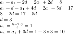 a_1+a_1+2d=2a_1+2d=8
\\\
a_1+d+a_1+4d=2a_1+5d=17
\\\
8-2d=17-5d
\\\
d=3
\\\
a_1= \frac{8-2\cdot6}{2}=1
\\\
a_4=a_1+3d=1+3*3=10