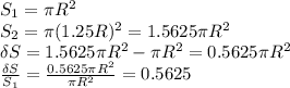 S_1=\pi R^2
\\\
S_2=\pi (1.25R)^2=1.5625\pi R^2
\\\
\delta S=1.5625\pi R^2-\pi R^2=0.5625\pi R^2
\\\
 \frac{\delta S}{S_1} = \frac{0.5625\pi R^2}{\pi R^2} =0.5625