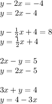 y-2x=-4 
\\\
y=2x-4
\\\\
y- \frac{1}{2} x+4=8 
\\\
y=\frac{1}{2} x+4
\\\\
2x-y=5 
\\\
y=2x-5
\\\\
3x+y=4
\\\
y=4-3x