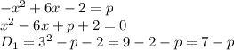 -x^2 + 6x - 2 = p \\\ x^2-6x+p+2=0 \\\ D_1=3^2-p-2=9-2-p=7-p \\\\ 
