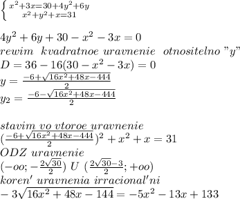 \left \{ {{x^2+3x=30+4y^2+6y} \atop {x^2+y^2+x=31}} \right. \\
\\
4y^2+6y+30-x^2-3x=0\\
rewim \ \ kvadratnoe \ uravnenie \ \ otnositelno \ "y"\\
D=36-16(30-x^2-3x)=0\\ y=\frac{-6+\sqrt{16x^2+48x-444}}{2}\\ y_{2}=\frac{-6-\sqrt{16x^2+48x-444}}{2}\\
\\
stavim \ vo \ vtoroe \ uravnenie \\
(\frac{-6+\sqrt{16x^2+48x-444}}{2})^2+x^2+x=31\\
ODZ \ uravnenie \\ 
(-oo;-\frac{2\sqrt{30}}{2}) \ U \ (\frac{2\sqrt{30}-3}{2};+oo)
\\
koren' \ uravnenia \ irracional'ni \\
-3\sqrt{16x^2+48x-144}=-5x^2-13x+133\\
