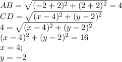 AB=\sqrt{(-2+2)^2+(2+2)^2}=4\\
CD=\sqrt{(x-4)^2+(y-2)^2}\\
4=\sqrt{(x-4)^2+(y-2)^2}\\
(x-4)^2+(y-2)^2=16\\
x=4;\\y=-2\\