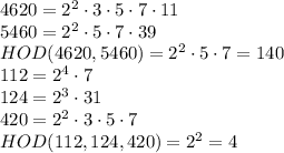 4620=2^2\cdot3\cdot5\cdot7\cdot11
\\\
5460=2^2\cdot5\cdot7\cdot39
\\\
HOD(4620, 5460)=2^2\cdot5\cdot7=140
\\\
112=2^4\cdot7
\\\
124=2^3\cdot31
\\\
420=2^2\cdot3\cdot5\cdot7
\\\
HOD(112, 124, 420)=2^2=4