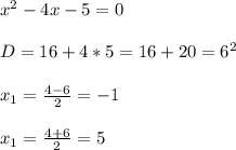 x^2-4x-5=0
\\\\D=16+4*5=16+20=6^2
\\\\x_1=\frac{4-6}{2}=-1
\\\\x_1=\frac{4+6}{2}=5