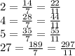 2= \frac{14}{7} = \frac{22}{11} 
\\\
4= \frac{28}{7} = \frac{44}{11} 
\\\
5= \frac{35}{7} = \frac{55}{11} 
\\\
27= \frac{189}{7} = \frac{297}{11}