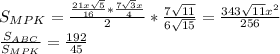 S_{MPK}=\frac{\frac{21x\sqrt{5}}{16}*\frac{7\sqrt{3}x}{4}}{2}*\frac{7\sqrt{11}}{6\sqrt{15}}=\frac{343\sqrt{11}x^2}{256}\\
\frac{S_{ABC}}{S_{MPK}}=\frac{192}{45}