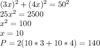 (3x)^2+(4x)^2=50^2\\
25x^2=2500\\
x^2=100\\
x=10\\
P=2(10*3+10*4)=140