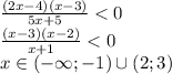 \frac{(2x-4)(x-3)}{5x+5}<0 \\\ 
 \frac{(x-3)(x-2)}{x+1}<0 \\\ x\in(-\infty; -1) \cup (2; 3)