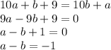 10a+b+9=10b+a \\
9a-9b+9=0 \\
a-b+1=0 \\
a-b=-1