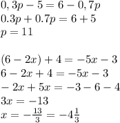 0,3p-5=6-0,7p\\ 0.3p+0.7p=6+5\\ p=11\\
\\
(6-2x)+4=-5x-3\\
6-2x+4=-5x-3\\
-2x+5x=-3-6-4\\ 3x=-13\\
x= -\frac{13}{3}=-4 \frac{1}{3}\\
\\

