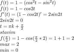 f(t)=1-(cos^2t-sin^2t)\\
f(t)=1-cos2t\\
f'(t)=(1-cos2t)'=2sin2t\\
2sin2t=0\\
t=\pi\*k+\frac{\pi}{2}\\
stavim\\
f(\frac{\pi}{2})=1-cos(\frac{\pi}{2}*2)=1+1=2\\
max=2\\
min=0
