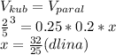 V_{kub}=V_{paral}\\
\frac{2}{5}^3=0.25*0.2*x\\
x=\frac{32}{25}(dlina)