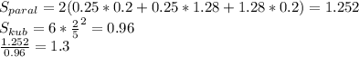 S_{paral}=2(0.25*0.2+0.25*1.28+1.28*0.2)=1.252\\
S_{kub}=6*\frac{2}{5}^2=0.96\\
\frac{1.252}{0.96}=1.3