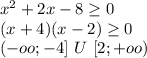 x^2+2x-8 \geq 0\\
(x+4)(x-2) \geq 0\\
(-oo;-4]\ U \ [2;+oo)\\
