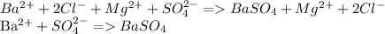 Ba^{2+} + 2Cl^{-} + Mg^{2+} + SO _{4} ^{2-} = BaSO_{4} + Mg ^{2+} + 2Cl ^{-} 

Ba^{2+} + SO _{4} ^{2-} = BaSO_{4}