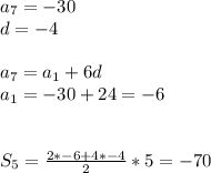a_{7}=-30\\
d=-4\\
\\
a_{7}=a_{1}+6d\\
a_{1}=-30+24=-6\\
\\\\
S_{5}=\frac{2*-6+4*-4}{2}*5 = -70