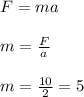 F=ma
\\\\m= \frac{F}{a}
\\\\m= \frac{10}{2}=5