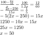 \frac{100-\frac{2x}{15}}{x}-\frac{100}{1.2x}=\frac{12}{60}\\
 -\frac{2x-250}{15x}=\frac{1}{5}\\
-5(2x-250)=15x\\
1250-10x=15x\\
25x=1250\\
x=50\\