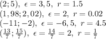 (2;5), \ \epsilon=3,5, \ r = 1.5
\\\
(1,98;2,02), \ \epsilon=2, \ r = 0.02
\\\
 (-11;-2), \ \epsilon=-6,5, \ r = 4.5
\\\
 ( \frac{13}{7} ; \frac{15}{7}), \ \epsilon= \frac{14}{7}=2 , \ r = \frac{1}{7}