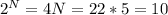 2^{N} = 4
 N = 2 
 2 * 5 = 10